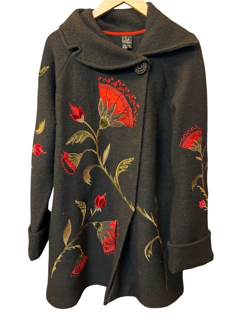Gorgeous Statement Floral Embroidered Covelo Art Wear Black Wool Coat 🌹 Sz L - Picture 3 of 16
